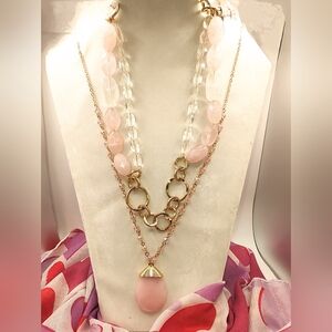 Vintage Rose & Clear Quartz Stone Necklaces With Gold Chain Accents
